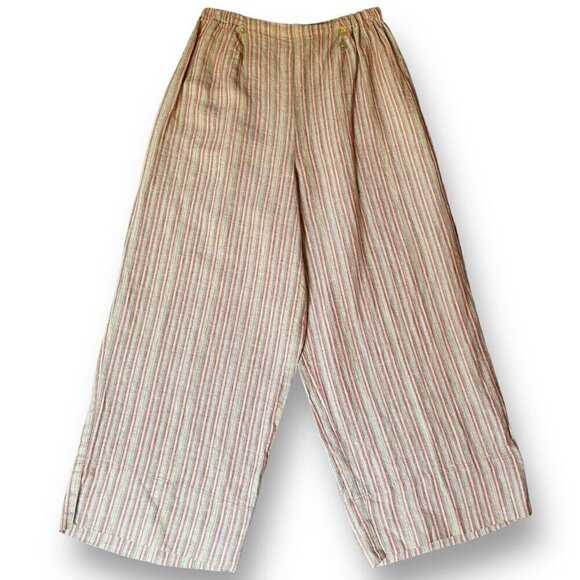 Willow Womens Linen Pants XL Tan Stripe Wide Leg Pull On Minimalist Lagenlook - Picture 1 of 9